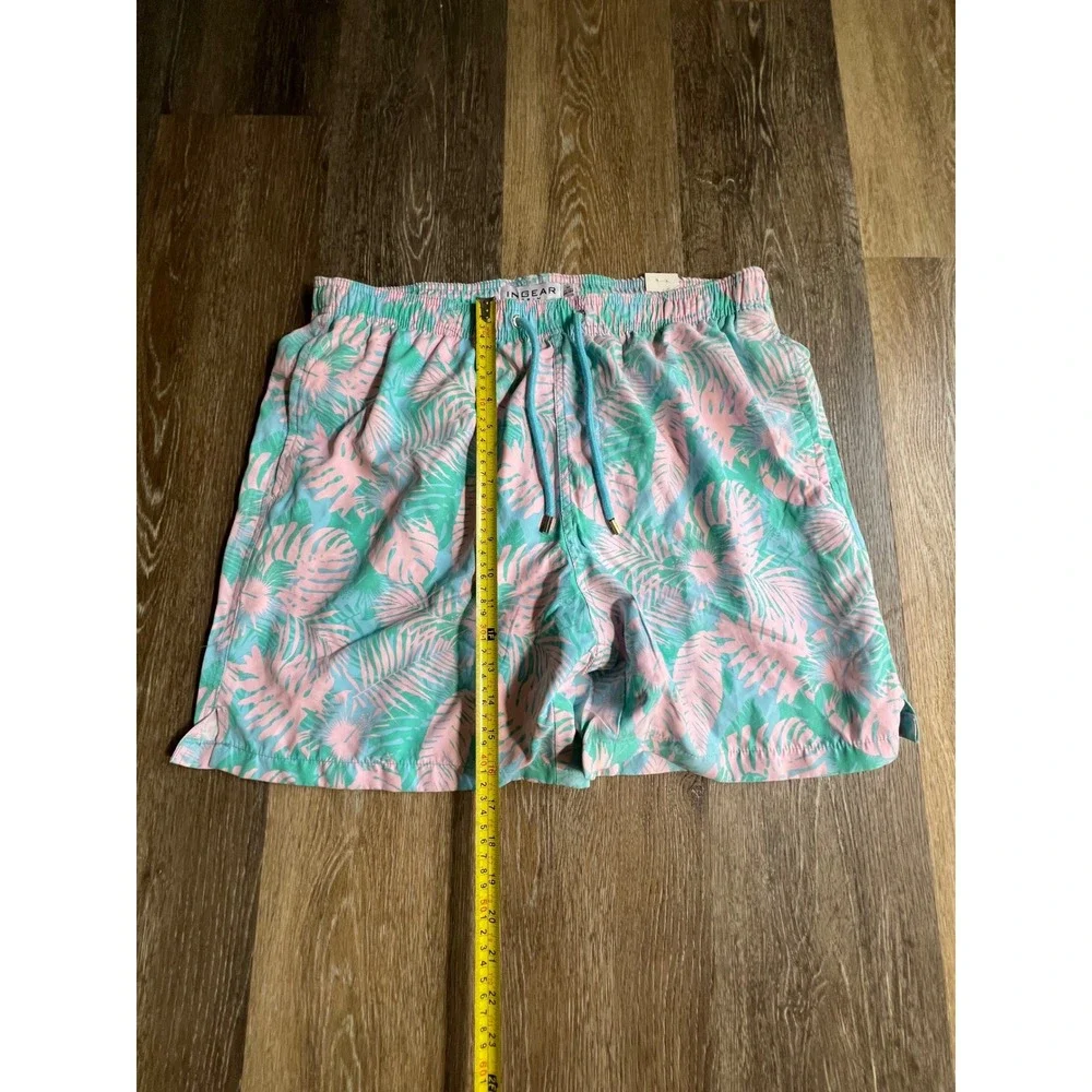 Ingear Swim Trunks Mens‎ Medium M Pink Teal New Tropical Palm Leaf Mesh Lined